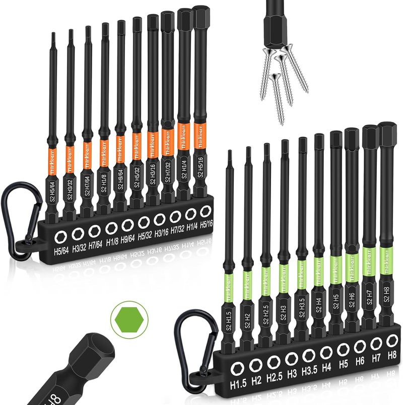 ThinkLearn Allen Wrench Drill Bit Set for Impact Drivers, 20PCS Hex Bit Set (Metric&SAE), 4" Long Allen Wrench Drill Sets, 1/4" Hex-Shank S2 Steel Head with Quick Release Bits, CNC Machined Tips with Magnetism - Image 1